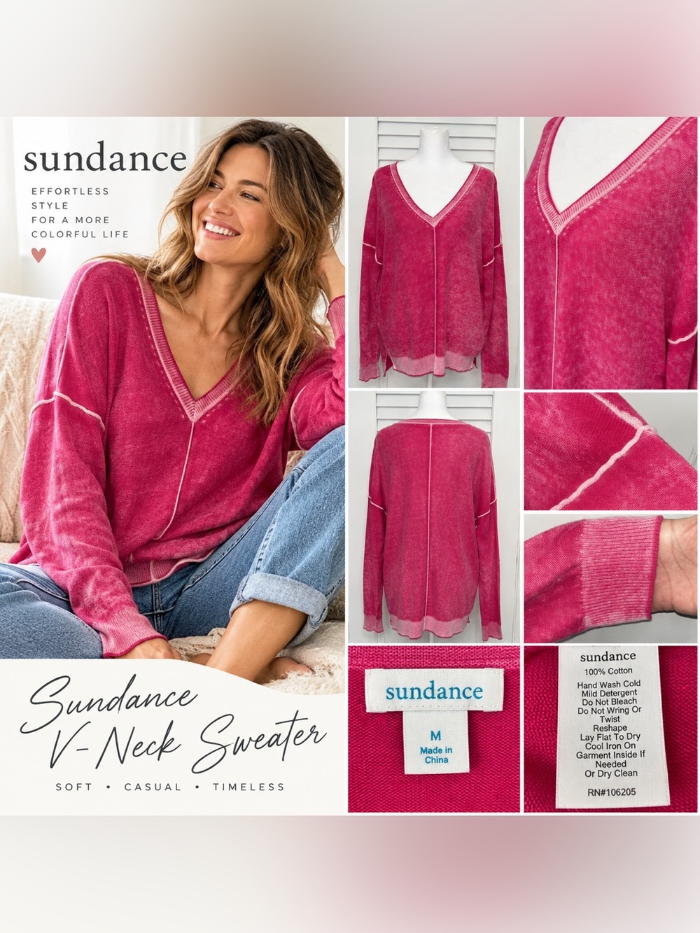 Sundance Oversized Washed Pink V-Neck Cotton Sweater Size M